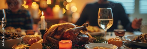 An inviting holiday scene with a roasted turkey as the centerpiece of a festive table setting photo