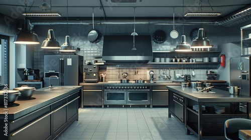 Industrial kitchen. Restaurant modern kitchen. large commercial kitchen with ovens realistic photo