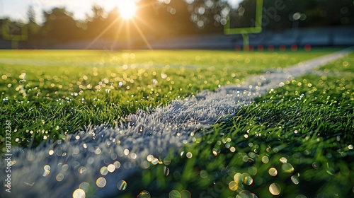 Close-up of a football field with hash marks, synthetic turf with dew drops photo