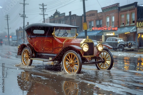 A retro car stands on the road outside in the city in rainy weather in the 1920s , 1930s and 1940. © Yeivaz