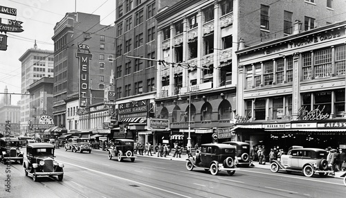 Vintage urban streets and buildings in a bustling cityscape during the 1920s  1930s  and 1940s