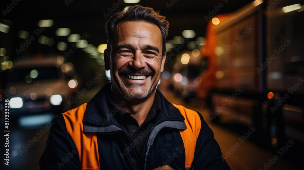 Fototapeta premium Confident Male Driver Standing Proudly in Front of Trucks in a Warehouse