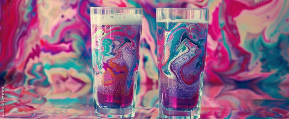 Fototapeta premium Beer Glasses, Swirling Patterns, Vibrant Tones, International Beer Day Background