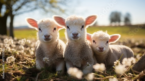 Adorable Lambs Resting on a Sunny Field in Springtime Blossom