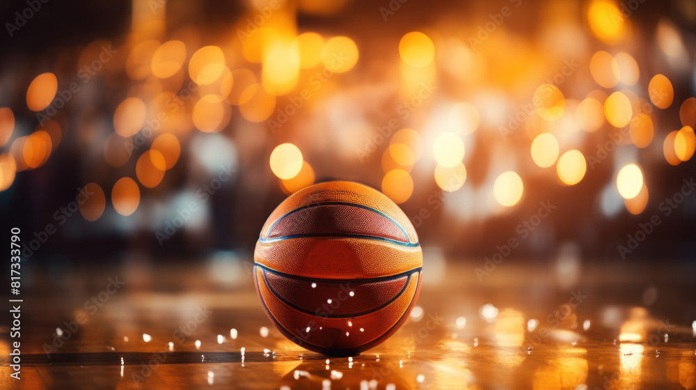 Close-Up Of Basketball On Court With Bright Lights In Background
