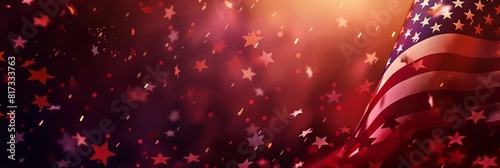 Patriotic imagery featuring the American flag with a flurry of stars on a vibrant red background
