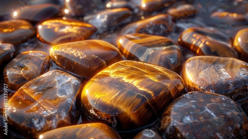 gemstone collection, displaying tiger eye stones in warm light showcases their golden-brown hues and unique chatoyancy, blending raw and polished gems photo
