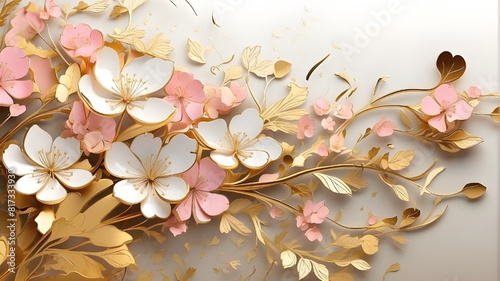 Golden components in an abstract sakura design suitable for printing, postcards, or wallpaper. AI-