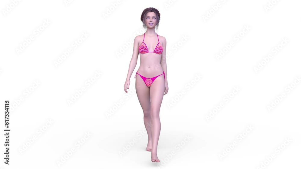 歩くビキニ姿の女性　3DCGレンダリング