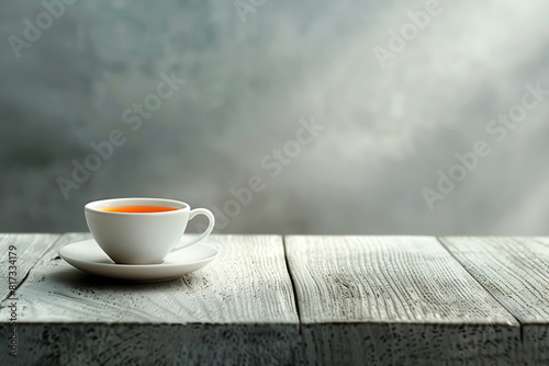 Cup of tea on a rustic wooden table with a hazy light background..