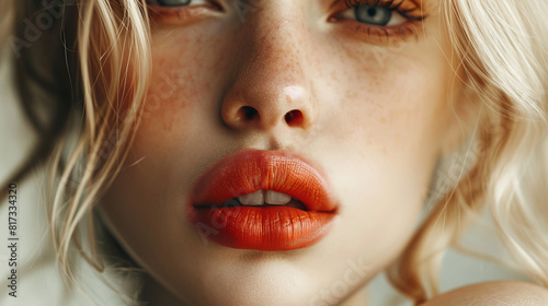 A closeup of a stunning young blonde woman s face with full lips. This concept shot suggests skincare  makeup  and cosmetic treatments.