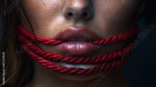 Close-up of Lips Tied with Red Rope