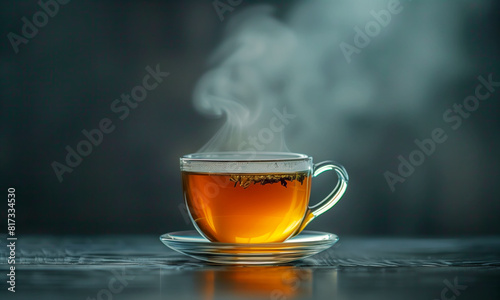 Steaming cup of tea on reflective surface with a dark, smoky background