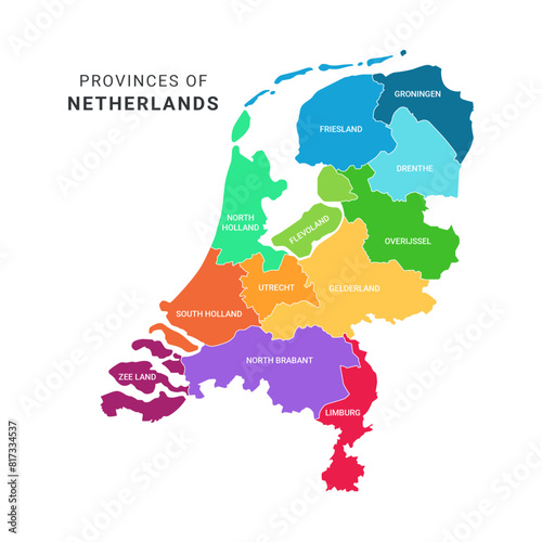 Colorful Geographical Administrative Map and Provinces of Netherlands with Editable Text  Isolated on White Background.