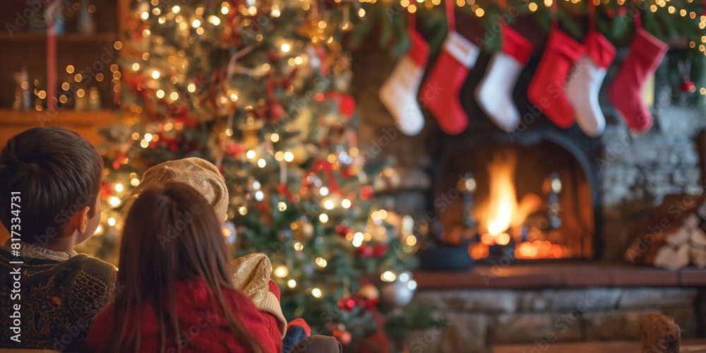 Back view of two children looking at Christmas stockings over a fireplace in a decorated living room