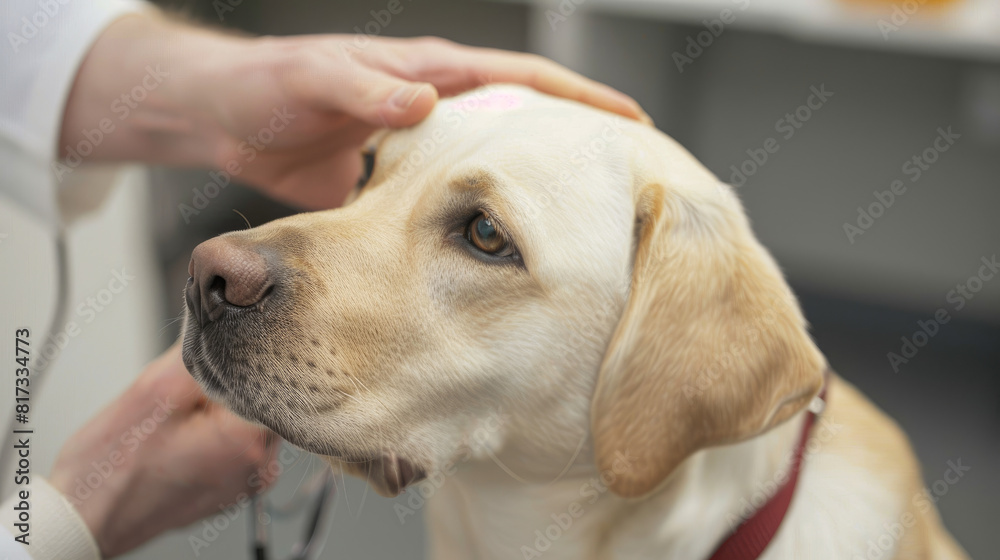A dog's ear being cleaned at the vet. The dog is a yellow Dudley Labrador or golden retriever wearing a red collar. This image shows the importance of dog healthcare and skin allergy concept. A dog's ear being cleaned at the vet. The dog is a yellow Dudley Labrador or golden retriever wearing a red collar. This image shows the importance of dog healthcare and skin allergy concept.