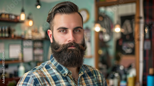A stylish man with a well-groomed beard and hairstyle poses for a portrait. He wears a plaid shirt and stands in a barbershop. © Mehran