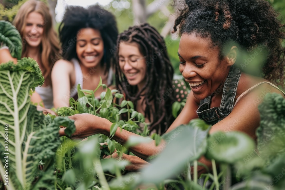 group of diverse women participating in a community garden planting vegetable plants activity. 