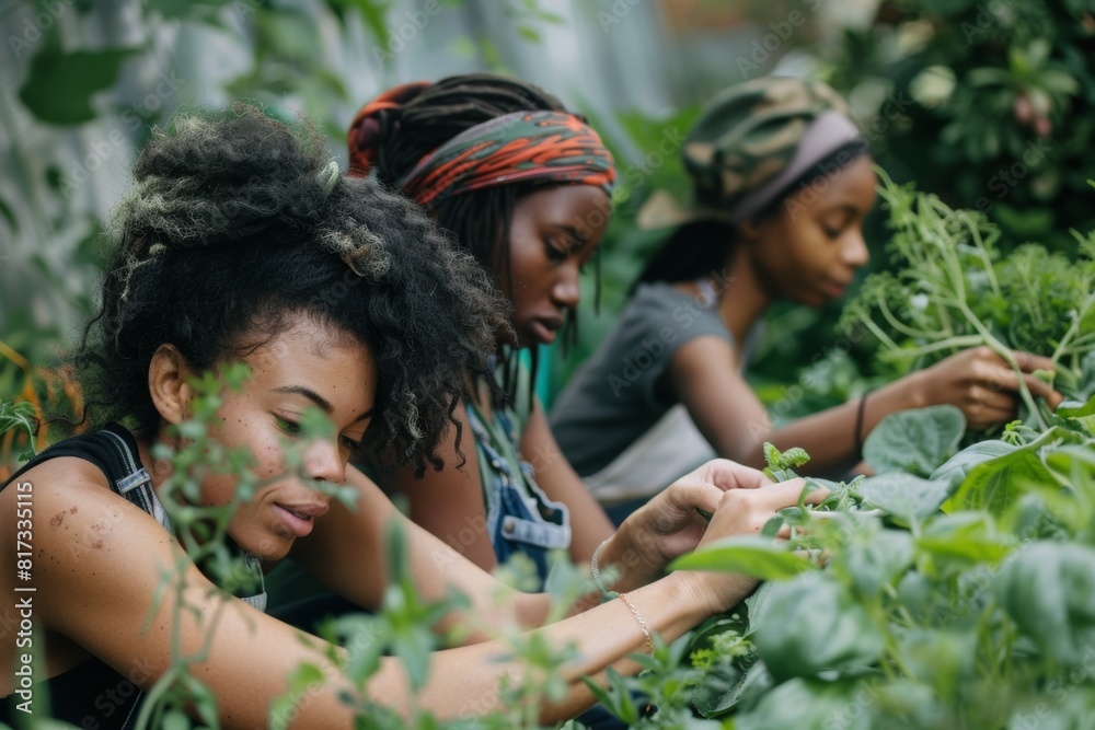 Fototapeta premium group of diverse women participating in a community garden planting vegetable plants activity. 
