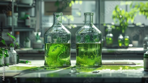 This illustration of laboratory glassware with a green chemical liquid is ideal for educational and scientific purposes
