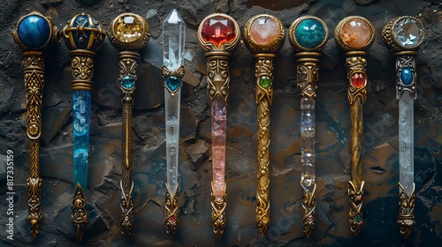 Intricately patterned staves adorned with crystals, perfect for a fantasy setting. photo