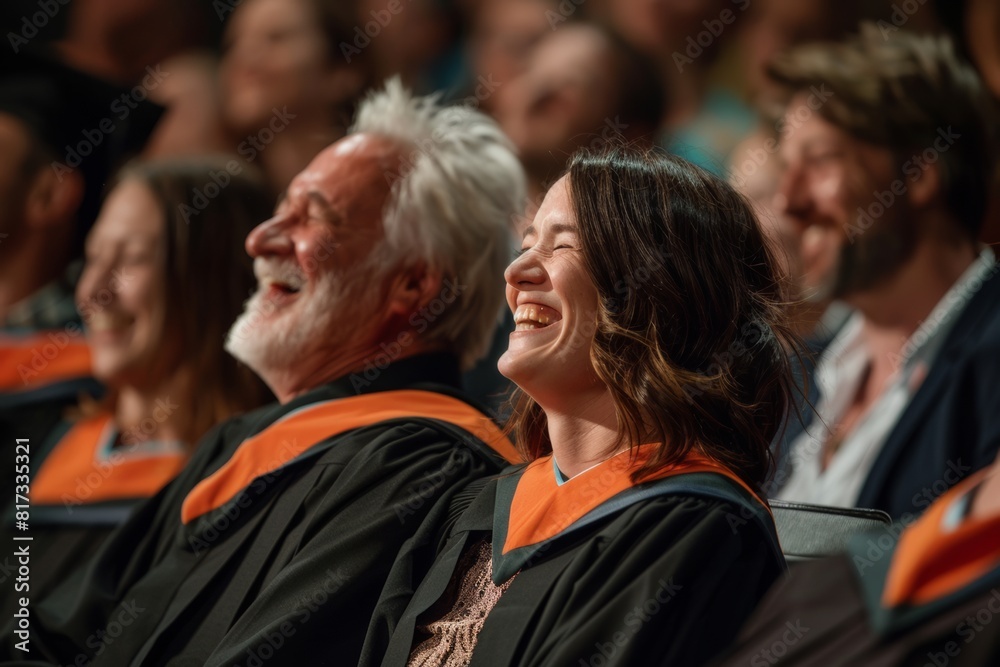 group of students and professors laughing in graduation caps at ceremony in the hall