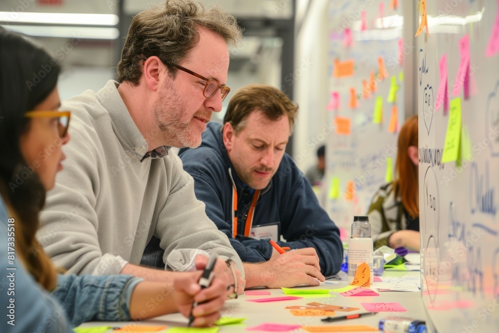 founders at startup office talking, discussing project ideas, brainstorming with whiteboard using colorful post-it notes founders at startup office talking, discussing project ideas, brainstorming with whiteboard using colorful post-it notes