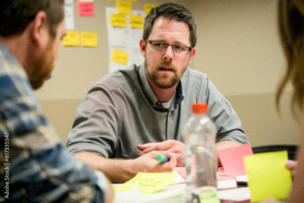 founders at startup office talking, discussing project ideas, brainstorming with whiteboard using colorful post-it notes