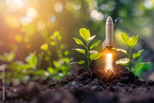 eco friendly business sustainable to environment startup сщьзфтн  launch concept - rocket launched from ground din green park or garden photo
