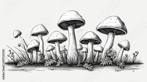 Toxic hallucinogenic mushrooms hand drawn sketch ve photo