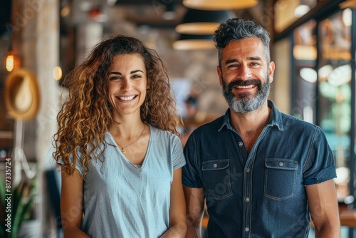 happy attractive couple of 45-50 year old man and woman smiling in the city. Modern family. 