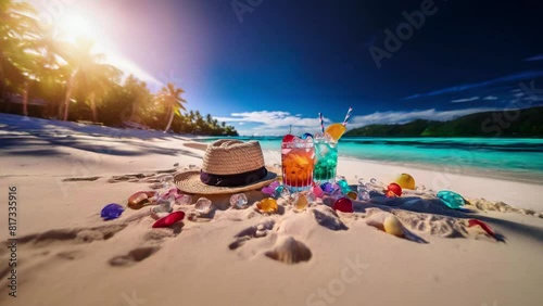 De vacaciones en la playa. Copas y sombrero de paja al sol de verano en una playa del Caribe. photo