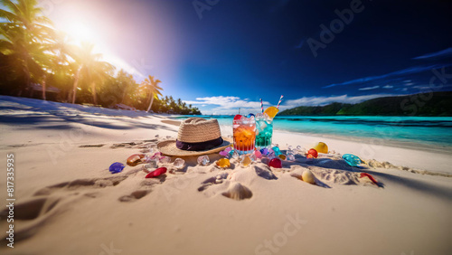 De vacaciones en la playa. Copas y sombrero de paja al sol de verano en una playa del Caribe.