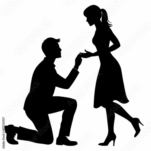 Boyfriend proposing to his girlfriend in a romantic moment by breaking his knee vector silhouette