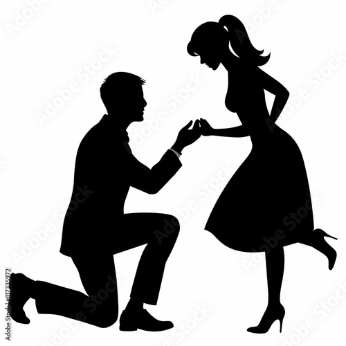 Boyfriend proposing to his girlfriend in a romantic moment by breaking his knee vector silhouette