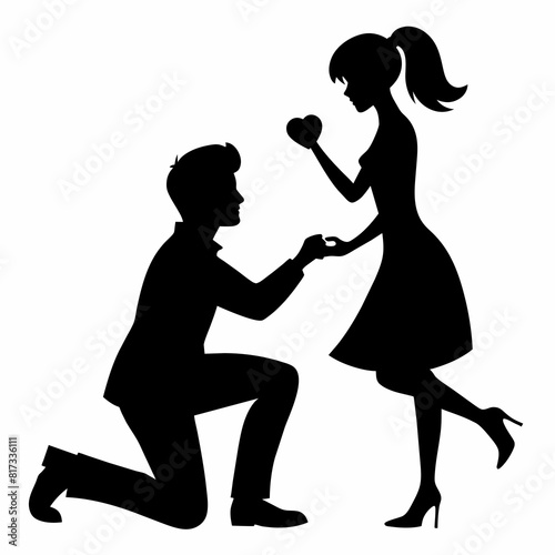 Boyfriend proposing to his girlfriend in a romantic moment by breaking his knee vector silhouette