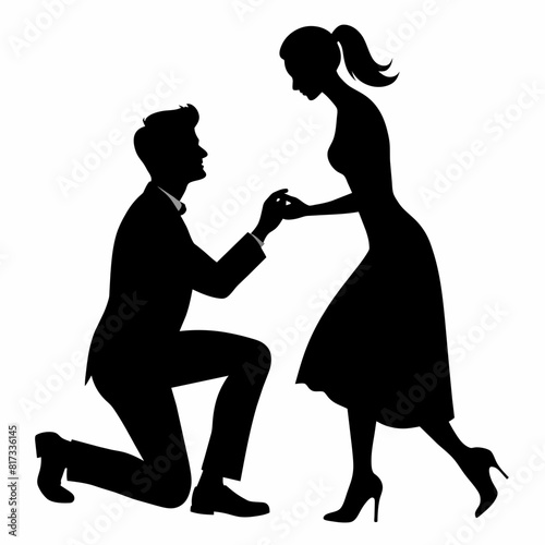 Boyfriend proposing to his girlfriend in a romantic moment by breaking his knee vector silhouette