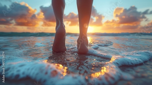 A barefoot walk on the beach at sunset represents freedom and tranquility photo