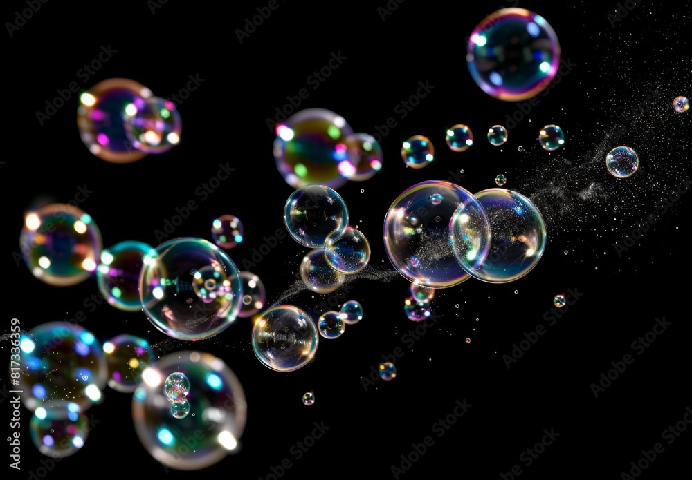 A bunch of iridescent soap bubbles flying through the air against a black background Generative AI A bunch of iridescent soap bubbles flying through the air against a black background Generative AI