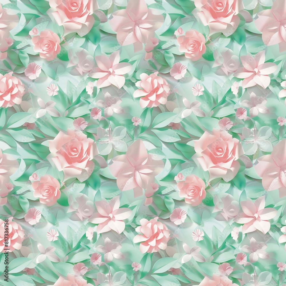 Fototapeta premium Mixed flowers, light pink mint green leaves, 3 D seamless fabric pattern, textile, background Fashion Design Textile Craft background