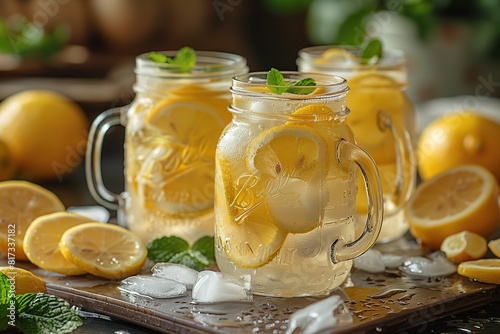 Lemonade with ice in a pitcher and glass on a wooden table with fruit and crushed ice