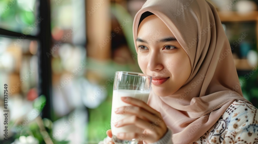 An Asian woman wearing a hijab elegantly cradling a glass of milk sets the stage for World Milk Day An Asian woman wearing a hijab elegantly cradling a glass of milk sets the stage for World Milk Day