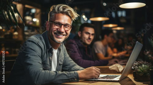 Cheerful Young Man with Glasses Working on Laptop in Cozy Coffee Shop