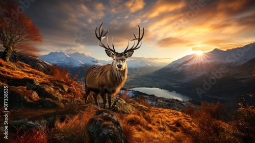 Majestic Red Deer Stag in Beautiful Alpine Landscape at Sunset