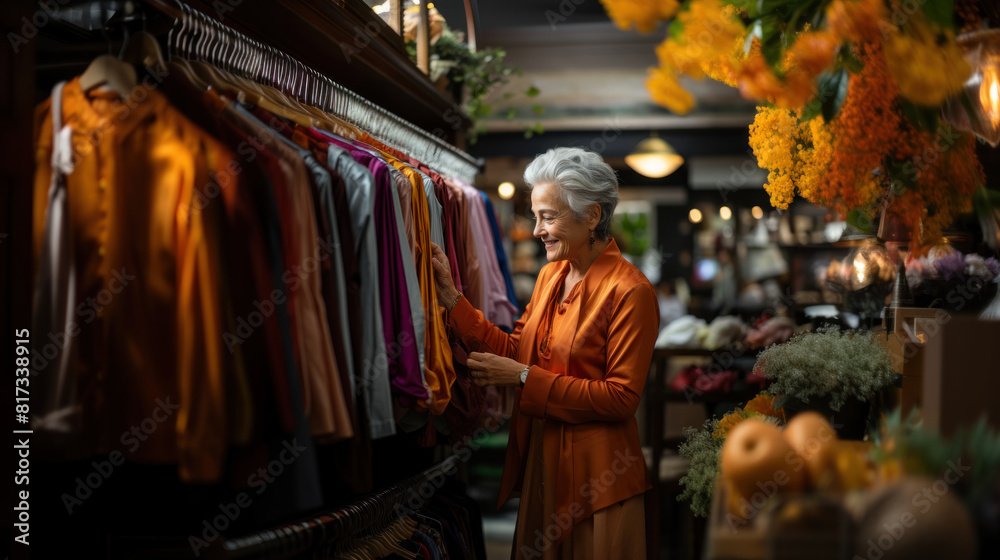 Fashionable Elderly Woman with Gray Hair Shopping for Clothes in Boutique Fashionable Elderly Woman with Gray Hair Shopping for Clothes in Boutique