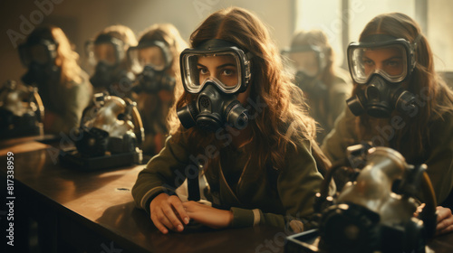 Female Teacher and School Kids Wearing Gas Masks in Class for Safety Education