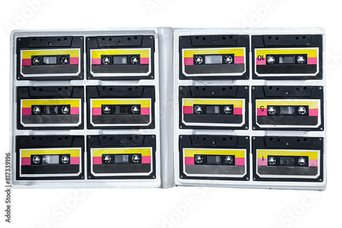 Old vintage audio cassettes on film, many audio cassettes on white background