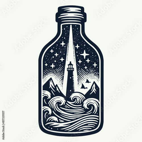lighthouse and ocean waves in a bottle illustration