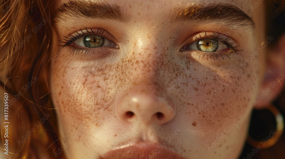 Fototapeta premium Macro shot of a young woman with distinct freckles and captivating green eyes