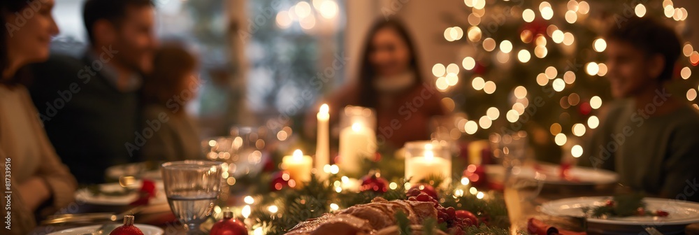A festive family dinner scene with blurred faces, highlighted by warm candlelight and Christmas lights in the background A festive family dinner scene with blurred faces, highlighted by warm candlelight and Christmas lights in the background